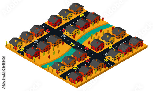 Autumn suburb landscape isometric vector illustration isolated on white background.