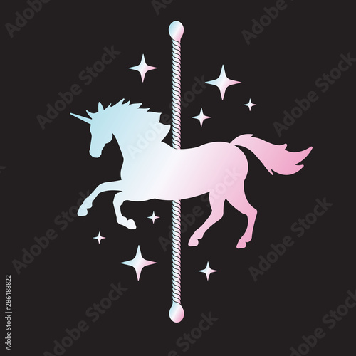 Vector holographic unicorn carousel silhouette with stars isolated on black background