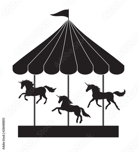 Vector flat black unicorn carousel silhouette isolated on white background