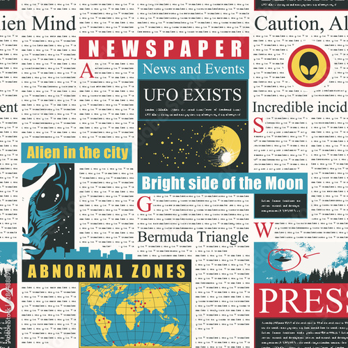 Vector seamless pattern with newspaper columns. Repeatable newspaper background with unreadable text, colored headlines and illustrations on the theme of extraterrestrial civilizations, alien, UFO