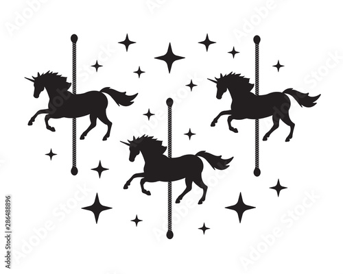 Vector black unicorn carousel silhouette with stars isolated on white background