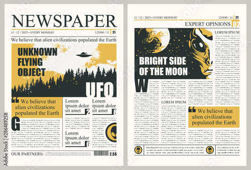 Vector template for the layout of the newspaper on the subject of UFOs. Newspaper columns with unreadable text, headlines and illustrations on the theme of extraterrestrial civilizations, alien, UFO