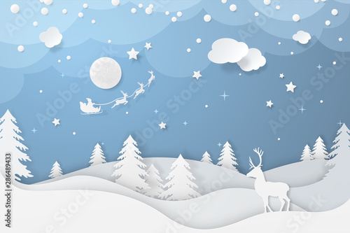 Vector winter night scene in paper cut style with fir trees, stars, deers and santa's sleigh flying around moon. Festive layered background with 3D realistic paper Christmas landscape and snowfall.