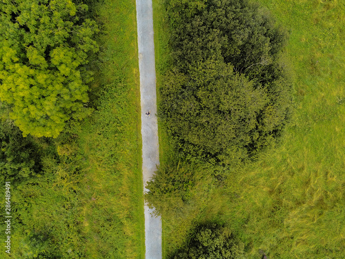 Person walking in a park, Aerial top view.