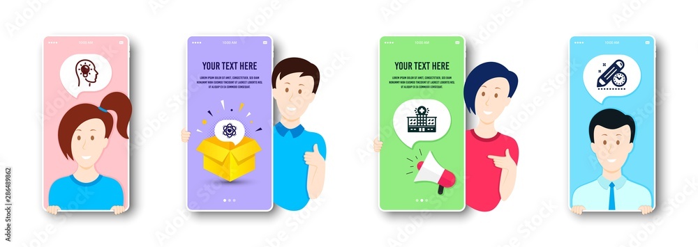 Atom, Idea head and Hospital building icons simple set. People on phone screen. Project deadline sign. Electron, Lightbulb, Medical help. Time management. Science set. Vector
