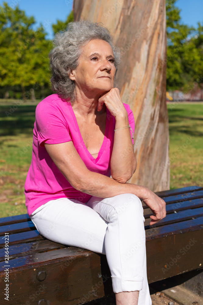 Pensive serene old lady relaxing in park. Senior grey haired woman in casual sitting on bench, leaning head on hand and looking into distance. Leisure in park concept Pensive serene old lady relaxing in park. Senior grey haired woman in casual sitting on bench, leaning head on hand and looking into distance. Leisure in park concept