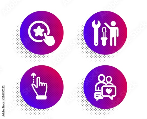 Touchscreen gesture, Loyalty star and Repairman icons simple set. Halftone dots button. Dating chat sign. Slide up, Bonus reward, Repair screwdriver. People love. People set. Vector