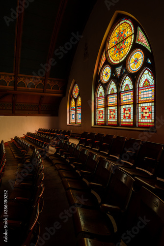 Derelict Sanctuary + Stained Glass Windows + Wood Pews - Abandoned Church - Massachusetts © Sherman Cahal