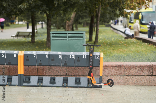 Moscow, Russia - August 9, 2019: Rent of electric scooters in Moscow. Scooter rental new business in Moscow