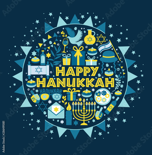 Jewish holiday Hanukkah greeting card traditional Chanukah symbols - wooden dreidels spinning top and Hebrew letters, donuts, menorah candles, oil jar, star David illustration in circle.