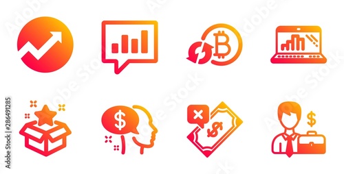 Refresh bitcoin, Pay and Rejected payment line icons set. Analytical chat, Loyalty program and Audit signs. Graph laptop, Businessman case symbols. Update cryptocurrency, Beggar. Finance set. Vector