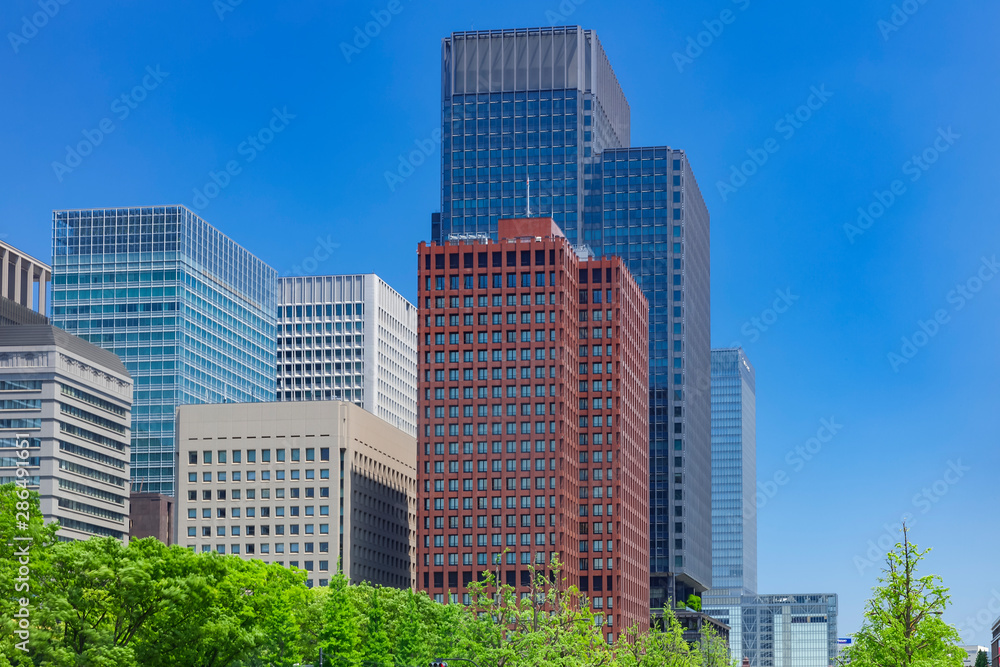 新緑の木立と高層ビル群　東京