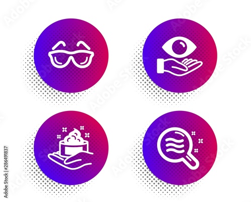 Eyeglasses, Health eye and Skin care icons simple set. Halftone dots button. Skin condition sign. Optometry, Hand cream, Search magnifier. Medical set. Classic flat eyeglasses icon. Vector