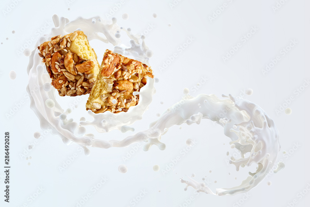 Fresh milk, yogurt 3D splash with healthy cereals oat cookie bar with whole raw grains seed, nuts. Breakfast, protein cookie with milk, yogurt, muesli granola energy bar. Milky splash design elements