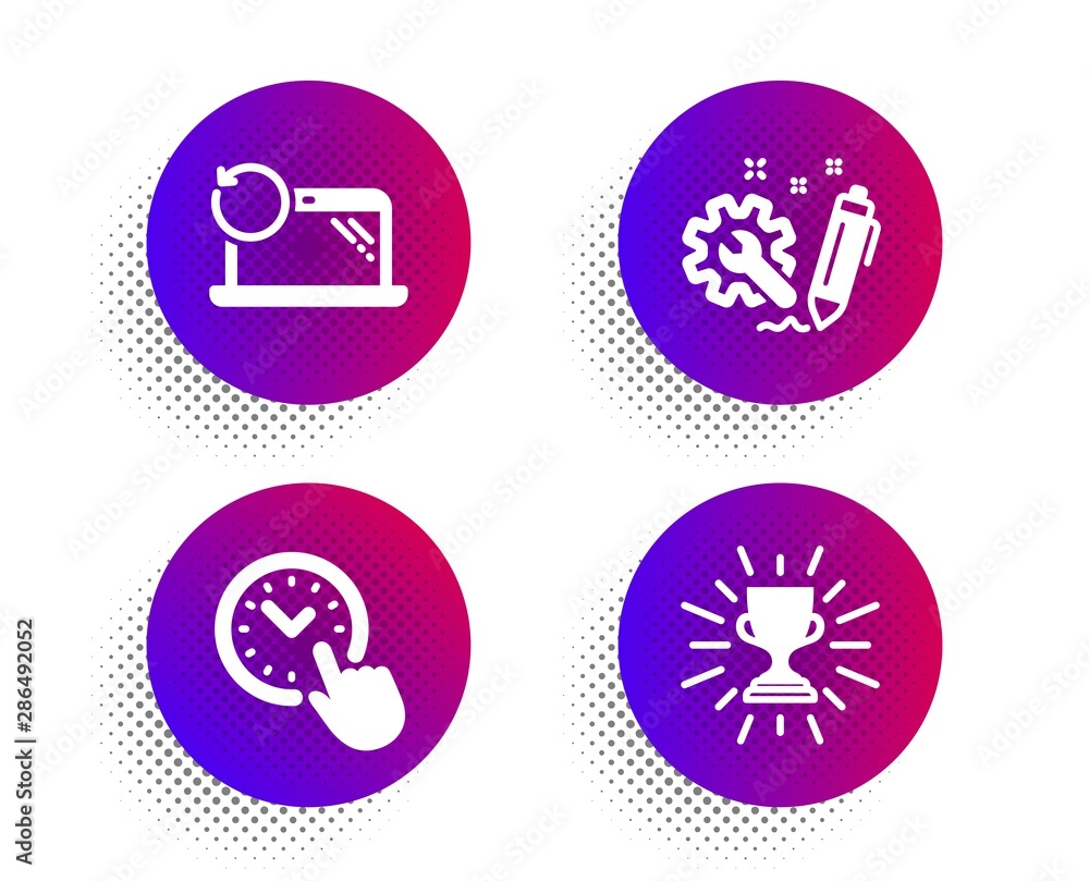 Recovery laptop, Time management and Engineering icons simple set. Halftone dots button. Trophy sign. Backup data, Office clock, Construction. Winner cup. Education set. Vector Recovery laptop, Time management and Engineering icons simple set. Halftone dots button. Trophy sign. Backup data, Office clock, Construction. Winner cup. Education set. Vector