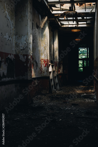 Derelict Hallway with Skylights - Abandoned Silver Creek School - New York © Sherman Cahal