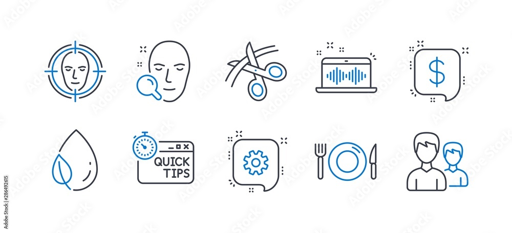 Set of Business icons, such as Leaf dew, Scissors, Quick tips, Payment message, Face detect, Cogwheel, Music making, Food, Face search, Couple line icons. Water drop, Cutting ribbon. Vector