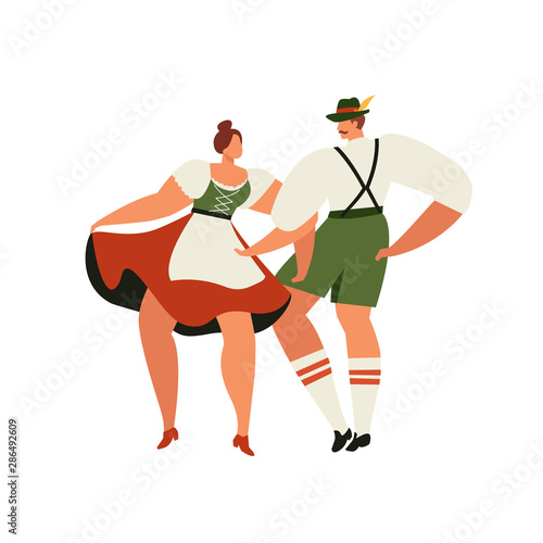 People in traditional German, Bavarian costume Oktoberfest cartoon vector illustration isolated on white background. Full length portrait of German people in traditional costumes.