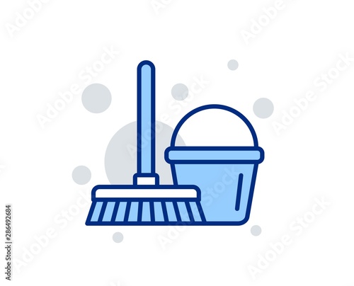 Cleaning bucket with mop line icon. Washing Housekeeping equipment sign. Linear design sign. Colorful bucket with mop icon. Vector