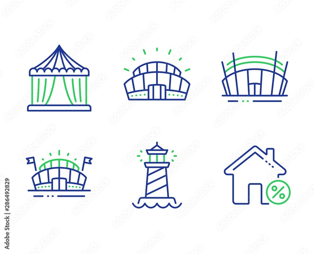 Sports arena, Arena stadium and Lighthouse line icons set. Sports stadium, Circus tent and Loan house signs. Sport complex, Searchlight tower, Attraction park. Discount percent. Vector