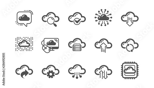 Computer cloud icons. Hosting, Computing data and File storage. Computer sync technology classic icon set. Quality set. Vector