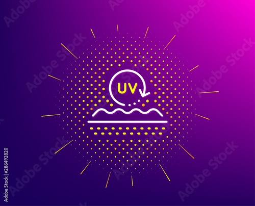 Uv protection cream line icon. Halftone pattern. Skin care sign. Cosmetic lotion symbol. Gradient background. Uv protection line icon. Yellow halftone pattern. Vector