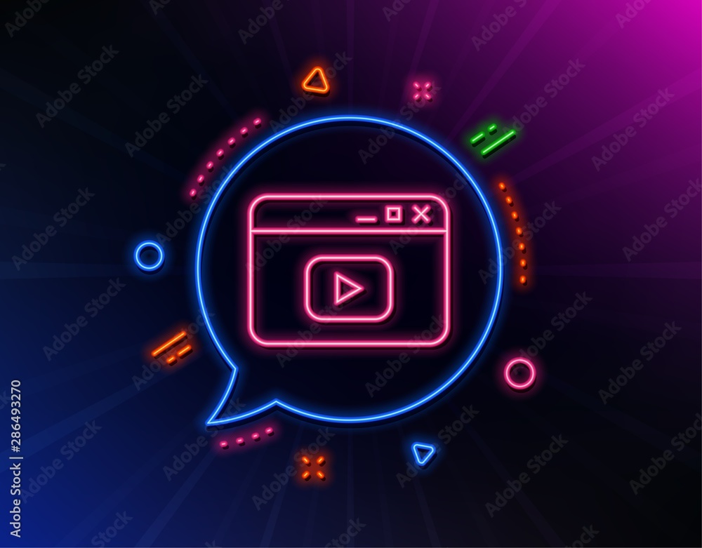 Browser Window line icon. Neon laser lights. Video content sign. Internet page symbol. Glow laser speech bubble. Neon lights chat bubble. Banner badge with video content icon. Vector Browser Window line icon. Neon laser lights. Video content sign. Internet page symbol. Glow laser speech bubble. Neon lights chat bubble. Banner badge with video content icon. Vector