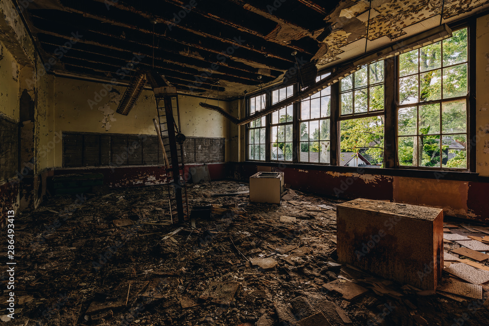 Derelict Classroom with Broken Windows - Abandoned Silver Creek School - New York Derelict Classroom with Broken Windows - Abandoned Silver Creek School - New York