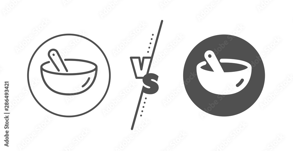 Bowl with spoon sign. Versus concept. Cooking mix line icon. Food preparation symbol. Line vs classic cooking mix icon. Vector