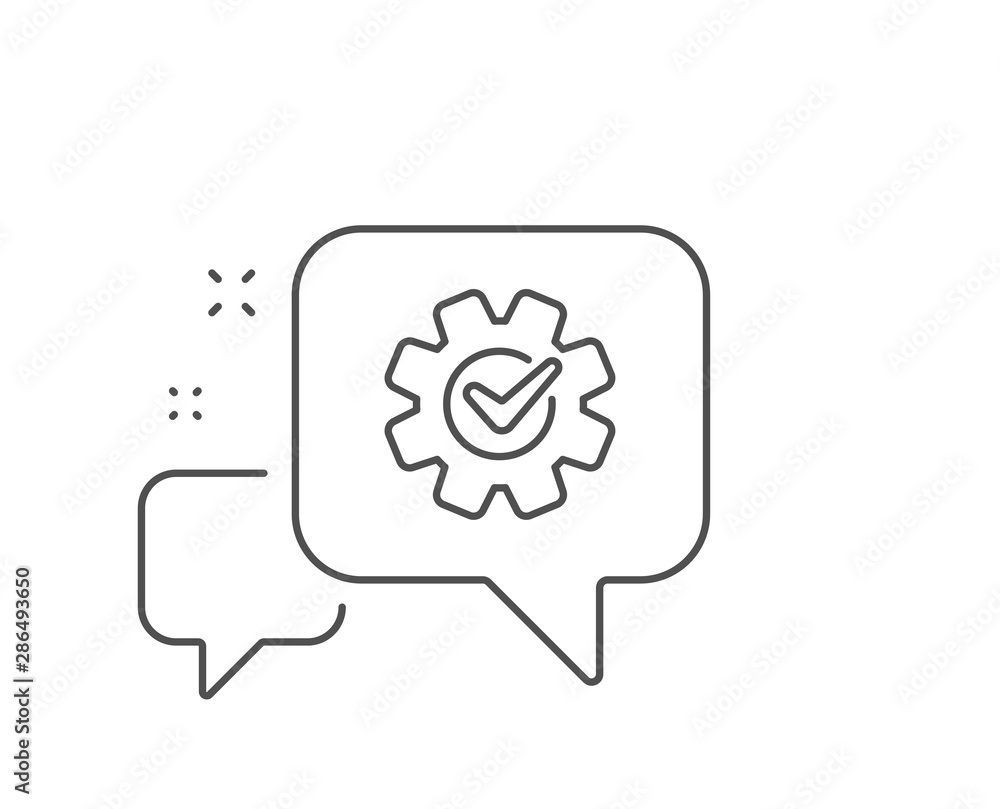 Fototapeta premium Cogwheel with check line icon. Chat bubble design. Engineering tool sign. Cog gear symbol. Outline concept. Thin line cogwheel icon. Vector