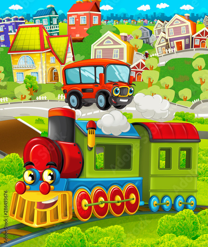 Fototapeta Naklejka Na Ścianę i Meble -  Cartoon funny looking steam train going through the city and fireman car driving by - illustration for children