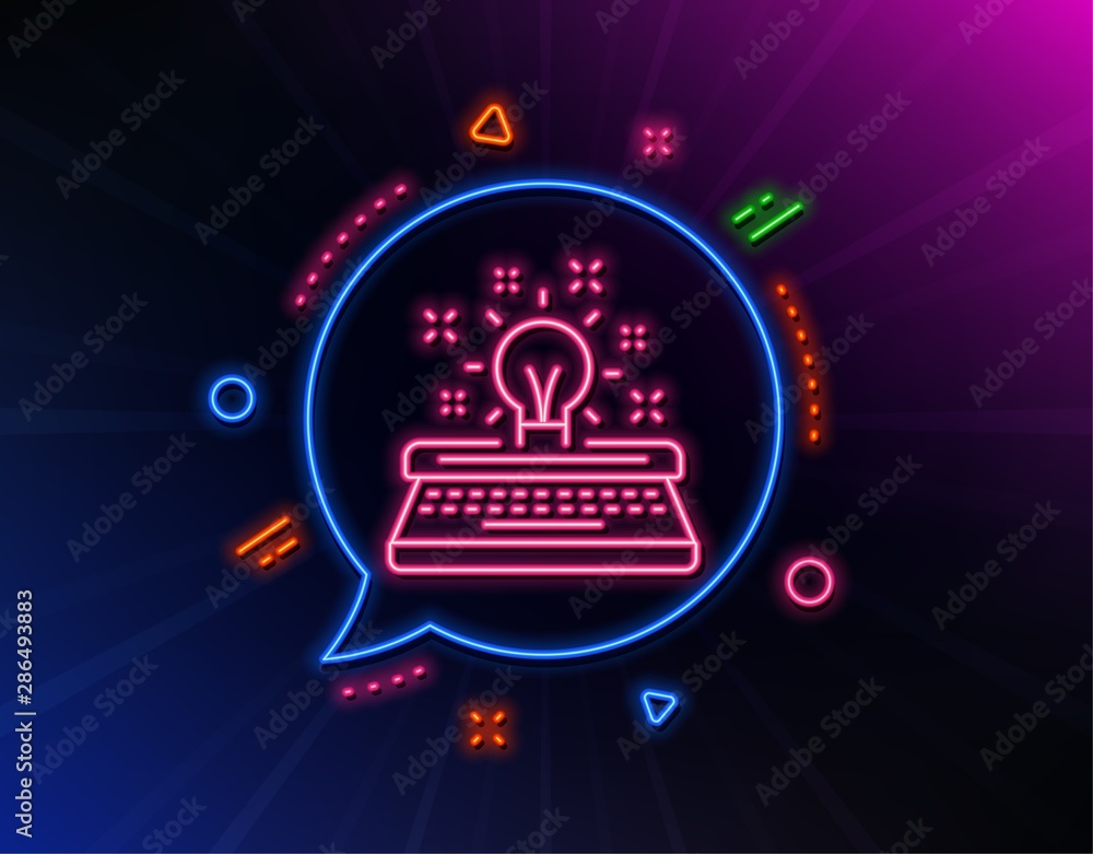 Typewriter line icon. Neon laser lights. Creativity sign. Inspiration light bulb symbol. Glow laser speech bubble. Neon lights chat bubble. Banner badge with typewriter icon. Vector