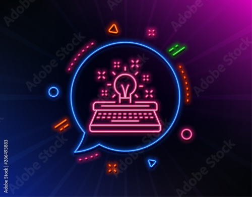 Typewriter line icon. Neon laser lights. Creativity sign. Inspiration light bulb symbol. Glow laser speech bubble. Neon lights chat bubble. Banner badge with typewriter icon. Vector