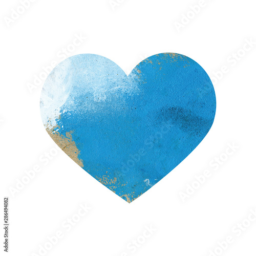 Blue textured heart painted with paints. Wet brush element for map, print, icon, text, label,