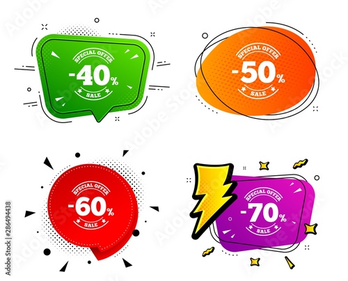Special offer stamp price signs. Banner badges, various colors. Sale discount icons. 40, 50, 60 and 70 percent off reduction symbols. Chat bubble vector shape. Gradient banner. Price tag. Vector
