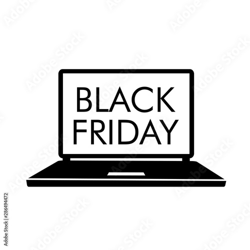 Logotipo con texto BLACK FRIDAY en ordenador portátil en color negro