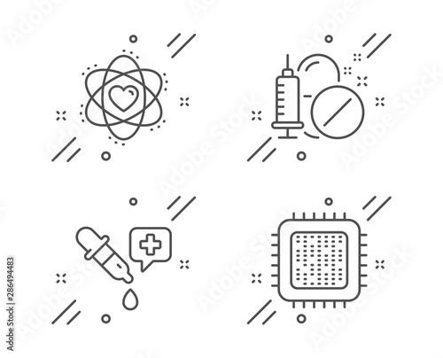 Chemistry pipette, Atom and Medical drugs line icons set. Cpu processor sign. Laboratory, Electron, Medicine pills. Computer component. Science set. Line chemistry pipette outline icon. Vector