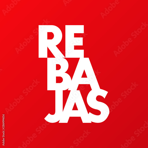 Logotipo con texto REBAJAS en color blanco y fondo color rojo photo