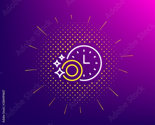 Cleaning dishes with Time line icon. Halftone pattern. Dishwasher sign. Clean tableware sign. Gradient background. Dishwasher timer line icon. Yellow halftone pattern. Vector