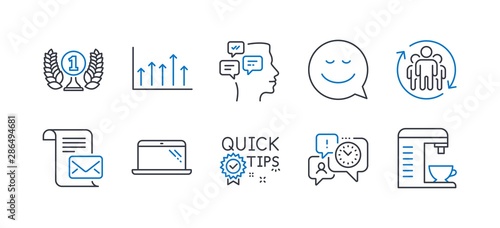 Set of Business icons, such as Time management, Growth chart, Quick tips, Messages, Smile, Teamwork, Mail letter, Laureate award, Laptop, Coffee machine line icons. Office chat, Upper arrows. Vector