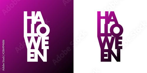 Logotipo con texto HALLOWEEN con letras en vertical en morado y blanco