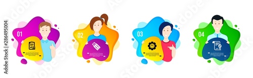 Time management, Usb flash and Accounting checklist icons simple set. People shapes timeline. Approved agreement sign. Settings, Memory stick, Calculator. Verified document. Business set. Vector