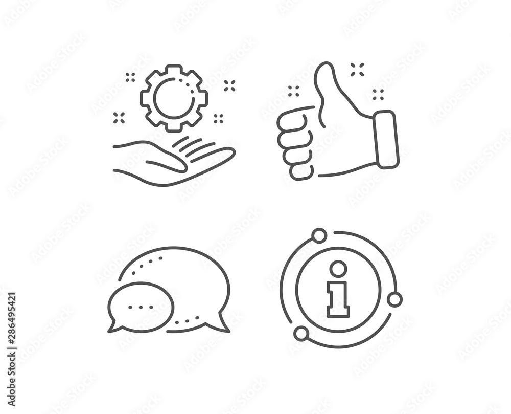 Employee hand line icon. Chat bubble, info sign elements. Work gear sign. Development cogwheel symbol. Linear employee hand outline icon. Information bubble. Vector Employee hand line icon. Chat bubble, info sign elements. Work gear sign. Development cogwheel symbol. Linear employee hand outline icon. Information bubble. Vector
