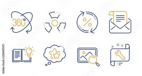 Ranking stars, Loan percent and Search photo line icons set. Full rotation, Mail newsletter and Chemical hazard signs. Product knowledge, Spanner symbols. Winner award, Change rate. Vector