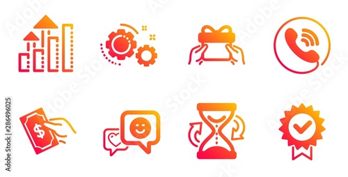 Hourglass, Analysis graph and Smile line icons set. Call center, Give present and Pay money signs. Gears, Certificate symbols. Sand watch, Targeting chart. Business set. Vector