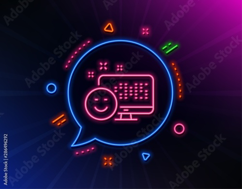 Smile line icon. Neon laser lights. Positive feedback rating sign. Customer satisfaction symbol. Glow laser speech bubble. Neon lights chat bubble. Banner badge with smile icon. Vector
