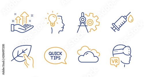 Idea, Cogwheel dividers and Medical syringe line icons set. Cloudy weather, Quickstart guide and Analysis graph signs. Organic tested, Augmented reality symbols. Professional job, Settings. Vector