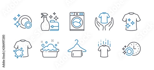 Set of Cleaning icons, such as Hand washing, Hold t-shirt, Clean dishes, Dirty t-shirt, Cleanser spray, Washing machine, Clean towel, Dishwasher timer line icons. Line hand washing icon. Vector