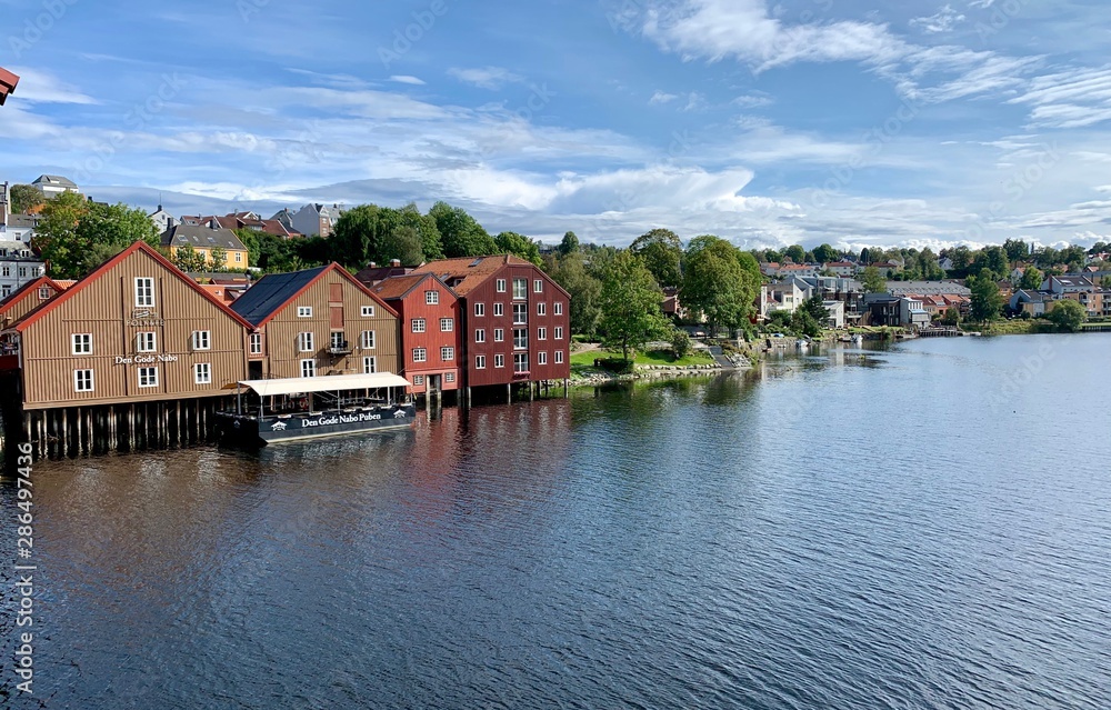 Colorful Houses by the River in Trondheim, Norway