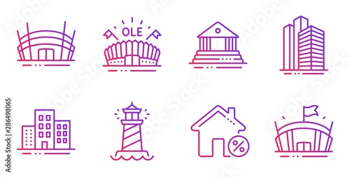 Buildings, Arena stadium and Skyscraper buildings line icons set. Loan house, Court building and Sports arena signs. Lighthouse symbol. Town apartments, Competition building. Buildings set. Vector